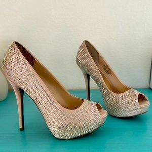 Nude satin rinstonestone platform shoes